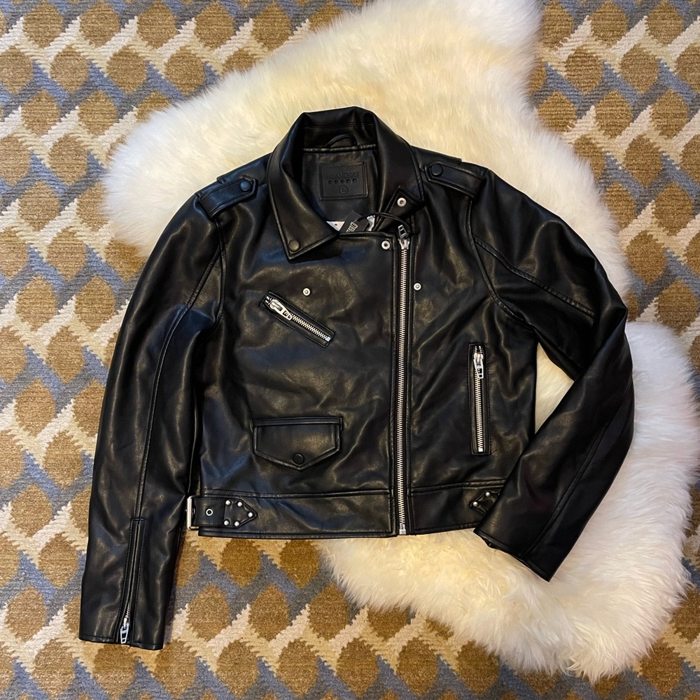 Vegan leather motorcycle jacket.